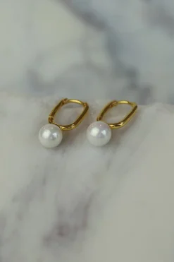 Discount Perle Gold Rectangle Hoops Earrings