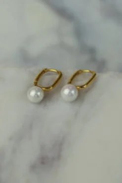 Discount Perle Gold Rectangle Hoops Earrings